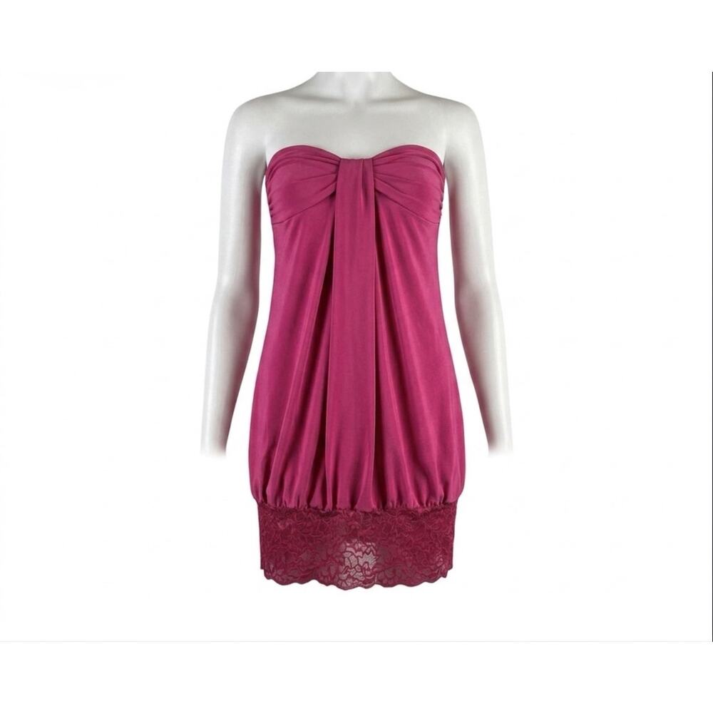 Chesky Strapless Satin Bow Tube Dress Women’s XS/Small Lace Hem Pink Barbie Y2K